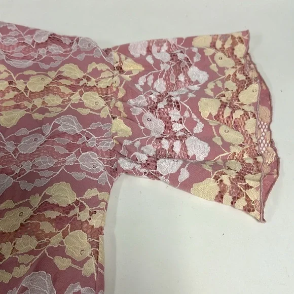 ZARA Blouse Pink Short Bell Sleeve Lace Crop Ribbed Round Neck Sheer Top… - Picture 15 of 15